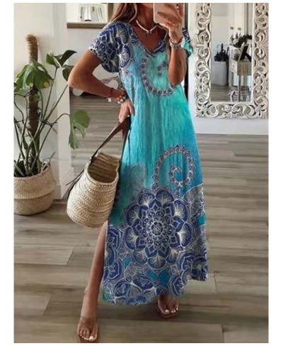 Boho Summer Beach Sundress Robe Female Casual Vintage Print Loose Long Dress Cover Up Women Hollow Short Sleeve Dress Cover-U...