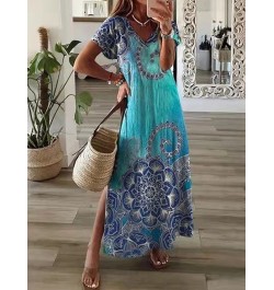 Boho Summer Beach Sundress Robe Female Casual Vintage Print Loose Long Dress Cover Up Women Hollow Short Sleeve Dress Cover-U...