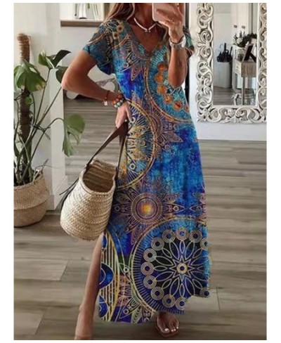 Boho Summer Beach Sundress Robe Female Casual Vintage Print Loose Long Dress Cover Up Women Hollow Short Sleeve Dress Cover-U...