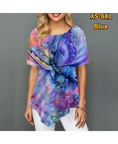 Women Youth Elegant Pointed Skirt Swing Short Sleeve Women's T-Shirt Butterfly Flower Painted Print Round Neck Summer XS-8XL ...