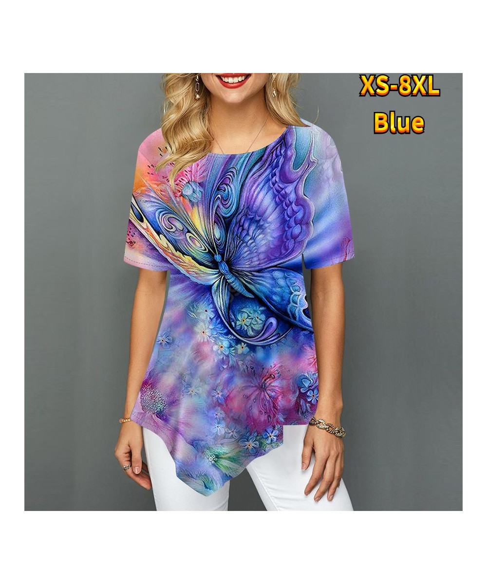 Women Youth Elegant Pointed Skirt Swing Short Sleeve Women's T-Shirt Butterfly Flower Painted Print Round Neck Summer XS-8XL ...