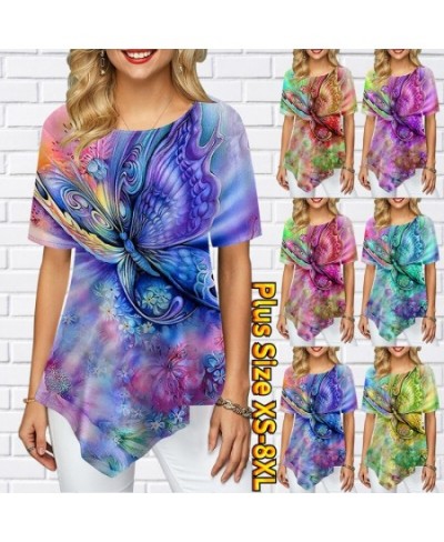 Women Youth Elegant Pointed Skirt Swing Short Sleeve Women's T-Shirt Butterfly Flower Painted Print Round Neck Summer XS-8XL ...