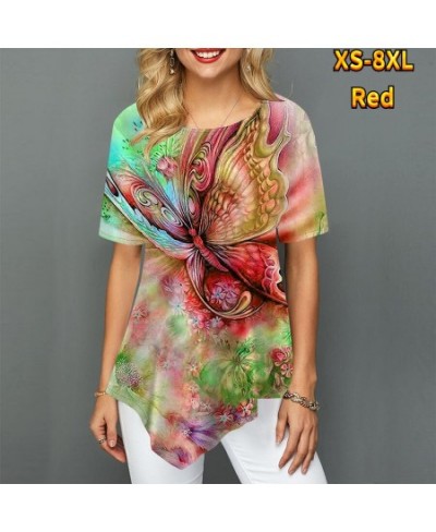 Women Youth Elegant Pointed Skirt Swing Short Sleeve Women's T-Shirt Butterfly Flower Painted Print Round Neck Summer XS-8XL ...