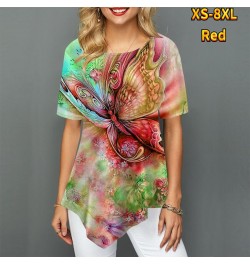 Women Youth Elegant Pointed Skirt Swing Short Sleeve Women's T-Shirt Butterfly Flower Painted Print Round Neck Summer XS-8XL ...