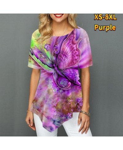 Women Youth Elegant Pointed Skirt Swing Short Sleeve Women's T-Shirt Butterfly Flower Painted Print Round Neck Summer XS-8XL ...