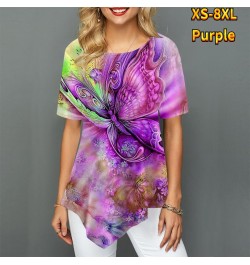 Women Youth Elegant Pointed Skirt Swing Short Sleeve Women's T-Shirt Butterfly Flower Painted Print Round Neck Summer XS-8XL ...