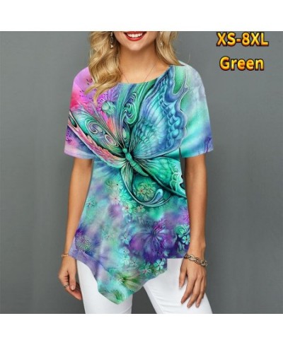 Women Youth Elegant Pointed Skirt Swing Short Sleeve Women's T-Shirt Butterfly Flower Painted Print Round Neck Summer XS-8XL ...