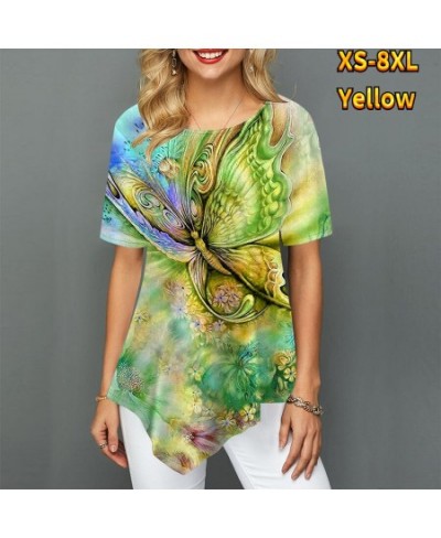 Women Youth Elegant Pointed Skirt Swing Short Sleeve Women's T-Shirt Butterfly Flower Painted Print Round Neck Summer XS-8XL ...