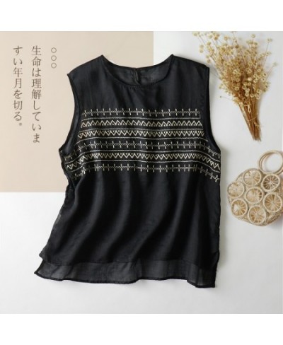 Embroidery Striped Round-Neck Linen Casual Women's Vest Shirt 2022 Summer Sleeveless Tank Tops Lightweight Korean Fashion $33...