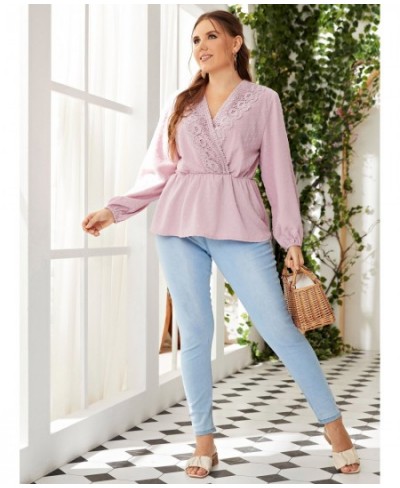 Plus Size Women Pink Outfits Causal Large Summer T-Shirt 2022 Hollow Out Elegant Lady Big Suit Floral Print Lace Clothing $36...