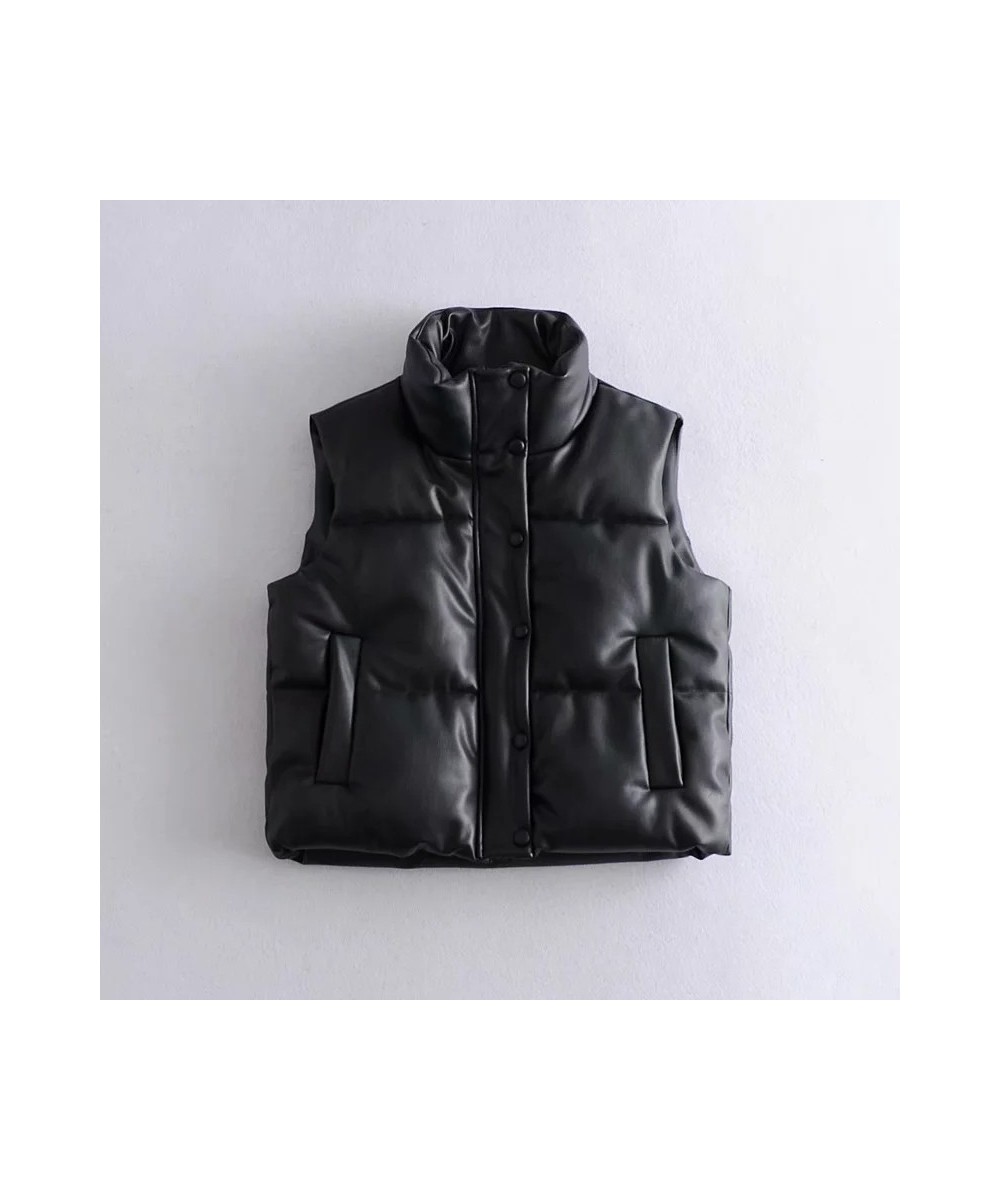 Womens Puffy Vest Down Vest Black Pu Leather Vest Woman Jacket Coat Autumn Winter Outwear Puffer Vest Female Sleeveless Jacke...