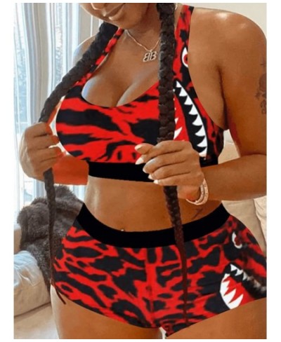 Plus Size Two Piece Sporty All Over Print Red Camo Shorts Set Patchwork U Neck Sheath Tops+Bottoms Matching Outfits $30.61 - ...