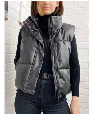 Womens Puffy Vest Down Vest Black Pu Leather Vest Woman Jacket Coat Autumn Winter Outwear Puffer Vest Female Sleeveless Jacke...