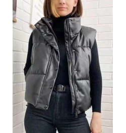 Womens Puffy Vest Down Vest Black Pu Leather Vest Woman Jacket Coat Autumn Winter Outwear Puffer Vest Female Sleeveless Jacke...