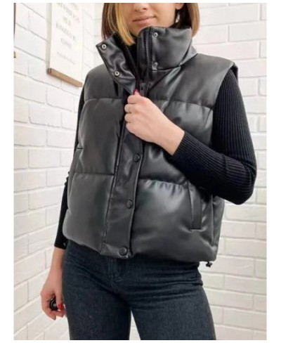 Womens Puffy Vest Down Vest Black Pu Leather Vest Woman Jacket Coat Autumn Winter Outwear Puffer Vest Female Sleeveless Jacke...