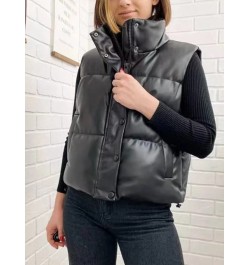 Womens Puffy Vest Down Vest Black Pu Leather Vest Woman Jacket Coat Autumn Winter Outwear Puffer Vest Female Sleeveless Jacke...