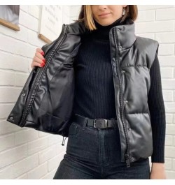 Womens Puffy Vest Down Vest Black Pu Leather Vest Woman Jacket Coat Autumn Winter Outwear Puffer Vest Female Sleeveless Jacke...