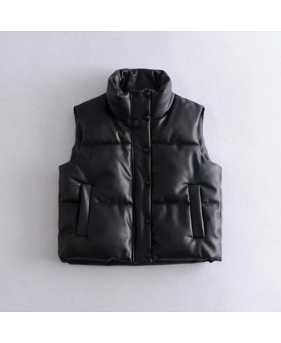 Womens Puffy Vest Down Vest Black Pu Leather Vest Woman Jacket Coat Autumn Winter Outwear Puffer Vest Female Sleeveless Jacke...