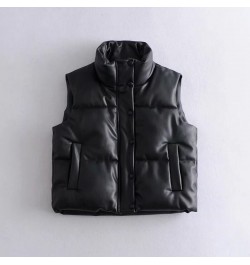 Womens Puffy Vest Down Vest Black Pu Leather Vest Woman Jacket Coat Autumn Winter Outwear Puffer Vest Female Sleeveless Jacke...