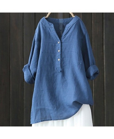 Cotton Linen Tops Women Blouse Elegant V Neck Long Sleeve Shirt Casual Spring Solid Shirts Vintage Casual Loose Blusas рубашк...