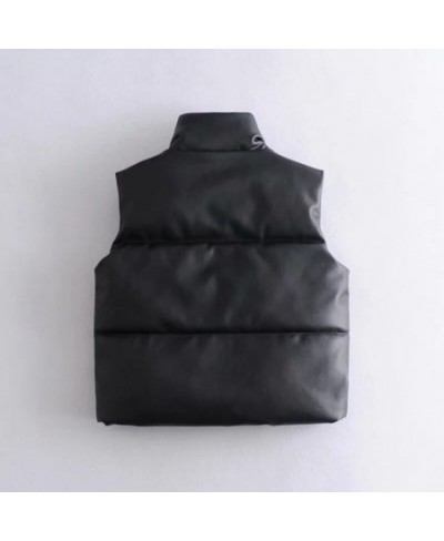 Womens Puffy Vest Down Vest Black Pu Leather Vest Woman Jacket Coat Autumn Winter Outwear Puffer Vest Female Sleeveless Jacke...