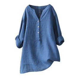 Cotton Linen Tops Women Blouse Elegant V Neck Long Sleeve Shirt Casual Spring Solid Shirts Vintage Casual Loose Blusas рубашк...