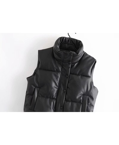 Womens Puffy Vest Down Vest Black Pu Leather Vest Woman Jacket Coat Autumn Winter Outwear Puffer Vest Female Sleeveless Jacke...