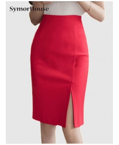 High Waist Black Pencil Skirts Women Comfortable Elastic Fabric Knee-Length Office Red Split Skirt Female $37.27 - Skirts