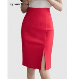 High Waist Black Pencil Skirts Women Comfortable Elastic Fabric Knee-Length Office Red Split Skirt Female $37.27 - Skirts