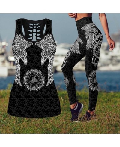 Vikings - Munin Raven Print Gothic Style Yoga Suit Gym Wear Hollow-Out Tank Tops Sexy Leggings Skinny Pants Combo $30.40 - Bo...