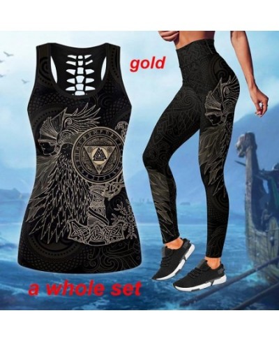 Vikings - Munin Raven Print Gothic Style Yoga Suit Gym Wear Hollow-Out Tank Tops Sexy Leggings Skinny Pants Combo $30.40 - Bo...