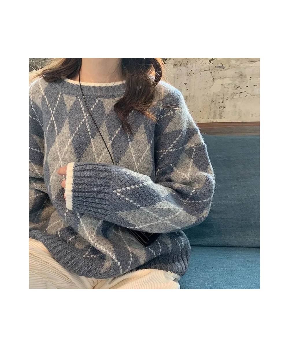 Women Knitted Sweater Fashion Oversized Pullovers Winter Argyle Loose Sweater Korean College Style Women Jumper Sueter Mujer ...