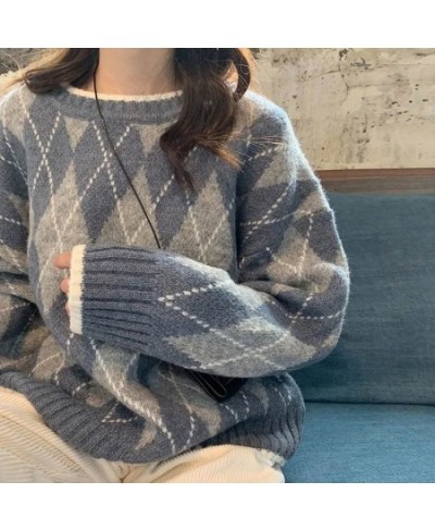 Women Knitted Sweater Fashion Oversized Pullovers Winter Argyle Loose Sweater Korean College Style Women Jumper Sueter Mujer ...