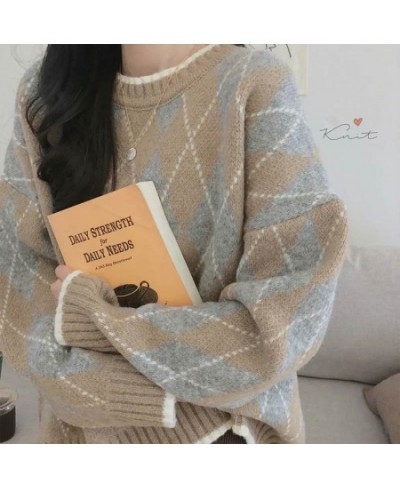 Women Knitted Sweater Fashion Oversized Pullovers Winter Argyle Loose Sweater Korean College Style Women Jumper Sueter Mujer ...