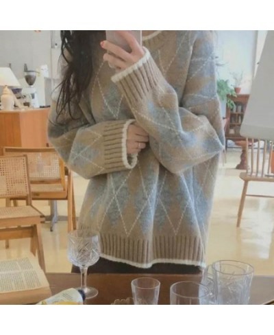 Women Knitted Sweater Fashion Oversized Pullovers Winter Argyle Loose Sweater Korean College Style Women Jumper Sueter Mujer ...