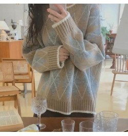 Women Knitted Sweater Fashion Oversized Pullovers Winter Argyle Loose Sweater Korean College Style Women Jumper Sueter Mujer ...