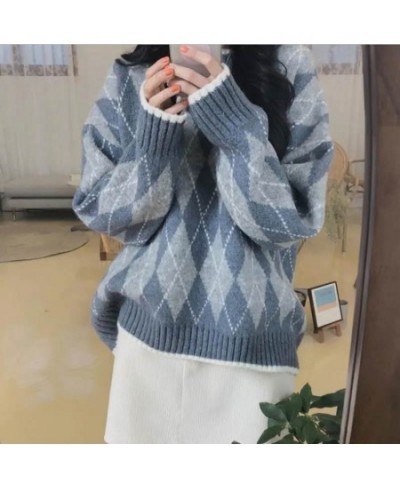 Women Knitted Sweater Fashion Oversized Pullovers Winter Argyle Loose Sweater Korean College Style Women Jumper Sueter Mujer ...