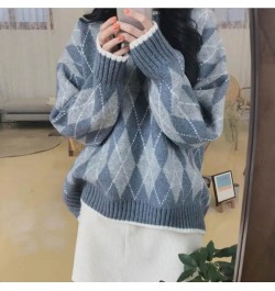 Women Knitted Sweater Fashion Oversized Pullovers Winter Argyle Loose Sweater Korean College Style Women Jumper Sueter Mujer ...