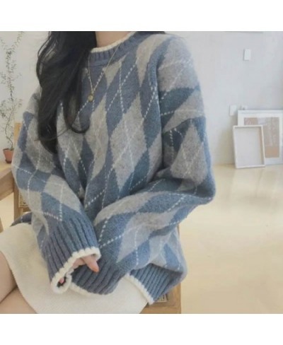 Women Knitted Sweater Fashion Oversized Pullovers Winter Argyle Loose Sweater Korean College Style Women Jumper Sueter Mujer ...