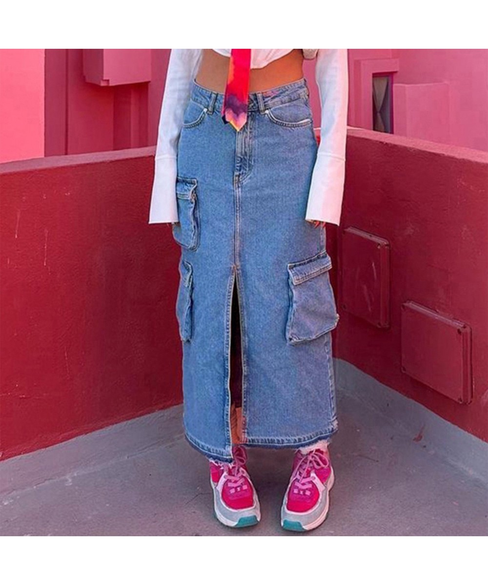 Denim Cargo Long Skirts For Women 2023 New Vintage Streetwear Drawstring Skirts Split High Waist Loose Mid Calf Y2k Skirt $57...