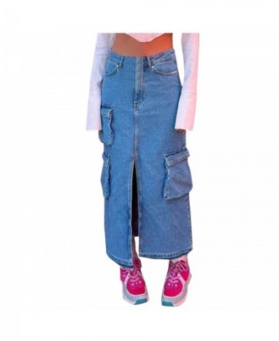 Denim Cargo Long Skirts For Women 2023 New Vintage Streetwear Drawstring Skirts Split High Waist Loose Mid Calf Y2k Skirt $57...