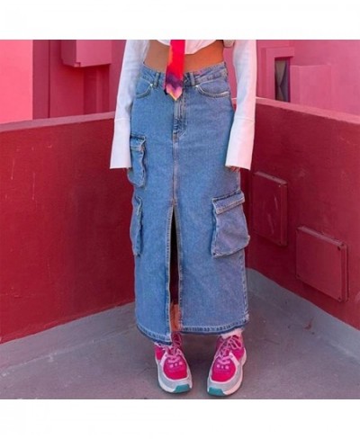 Denim Cargo Long Skirts For Women 2023 New Vintage Streetwear Drawstring Skirts Split High Waist Loose Mid Calf Y2k Skirt $57...