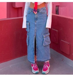 Denim Cargo Long Skirts For Women 2023 New Vintage Streetwear Drawstring Skirts Split High Waist Loose Mid Calf Y2k Skirt $57...