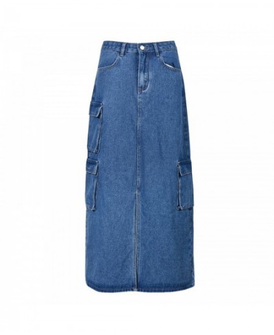 Denim Cargo Long Skirts For Women 2023 New Vintage Streetwear Drawstring Skirts Split High Waist Loose Mid Calf Y2k Skirt $57...