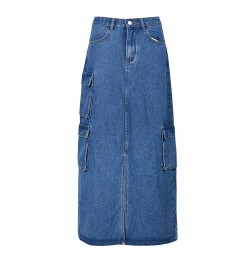 Denim Cargo Long Skirts For Women 2023 New Vintage Streetwear Drawstring Skirts Split High Waist Loose Mid Calf Y2k Skirt $57...