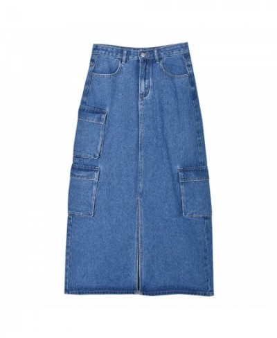 Denim Cargo Long Skirts For Women 2023 New Vintage Streetwear Drawstring Skirts Split High Waist Loose Mid Calf Y2k Skirt $57...