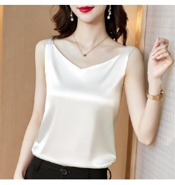 Sleeveless Faux Satin Silk Tank Tops Women Summer Backless Camisole Spaghetti Strap Top Women Halter V Neck Basic White Cami ...