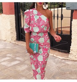 Women Sexy Backless Banquet Dress Spring Summer Fashion Print Lady Party Dress Elegant One Shoulder Puff Sleeve Slim Long Dre...