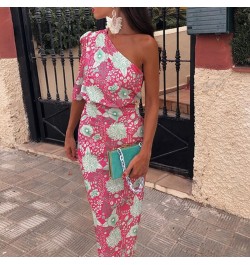 Women Sexy Backless Banquet Dress Spring Summer Fashion Print Lady Party Dress Elegant One Shoulder Puff Sleeve Slim Long Dre...