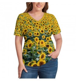 Sunflower Print T-Shirts Sunflower Field V Neck Trendy T Shirt Short-Sleeve Lady Pretty Tee Shirt Pattern Tees Plus Size 4XL ...